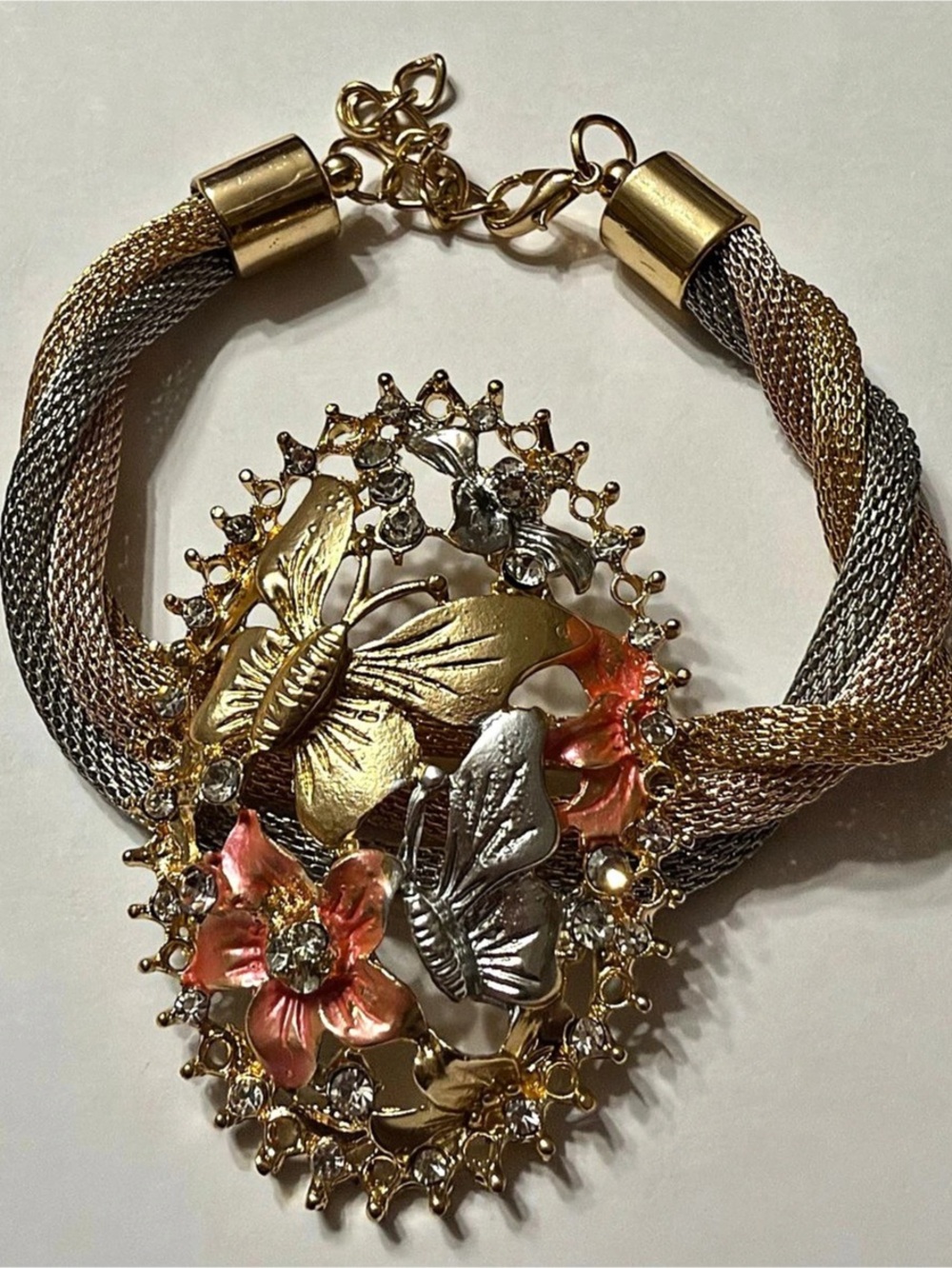 Mixed Metal Floral Butterfly Statement bracelet Like New